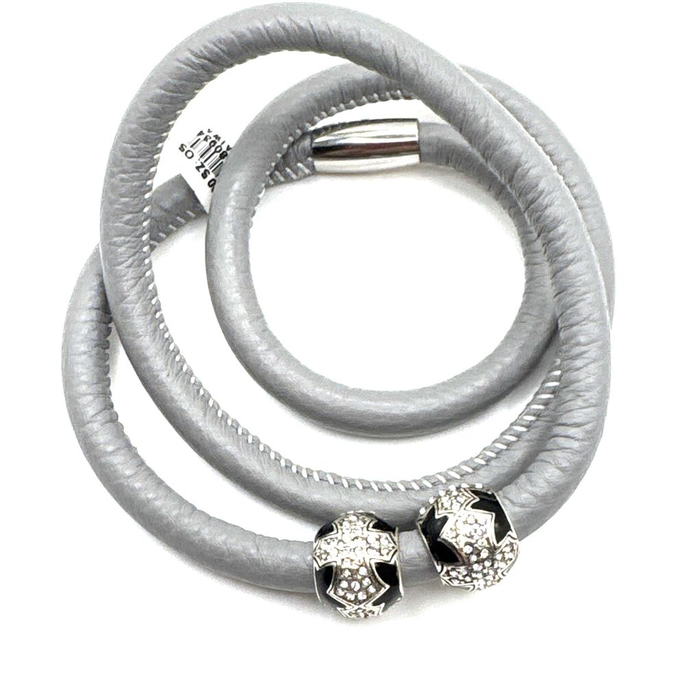 Brighton Woodstock Grey Triple Leather Bracelet 23in NWT +Dazzle Cross Beads